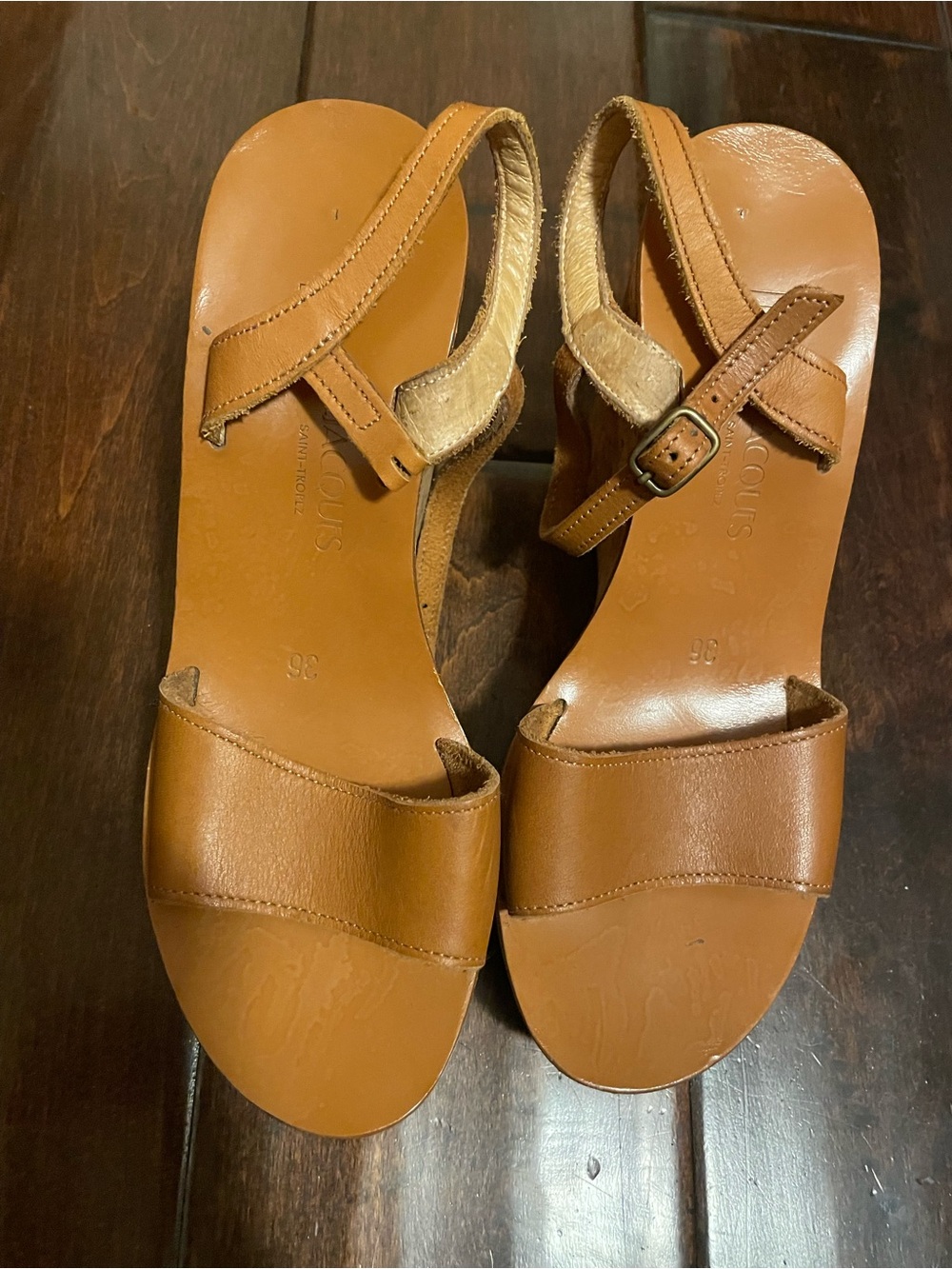 Kjaques Saint-Tropez Tan Leather Open-Toe Sandals with Ankle Buckle SZ 6-FLAW